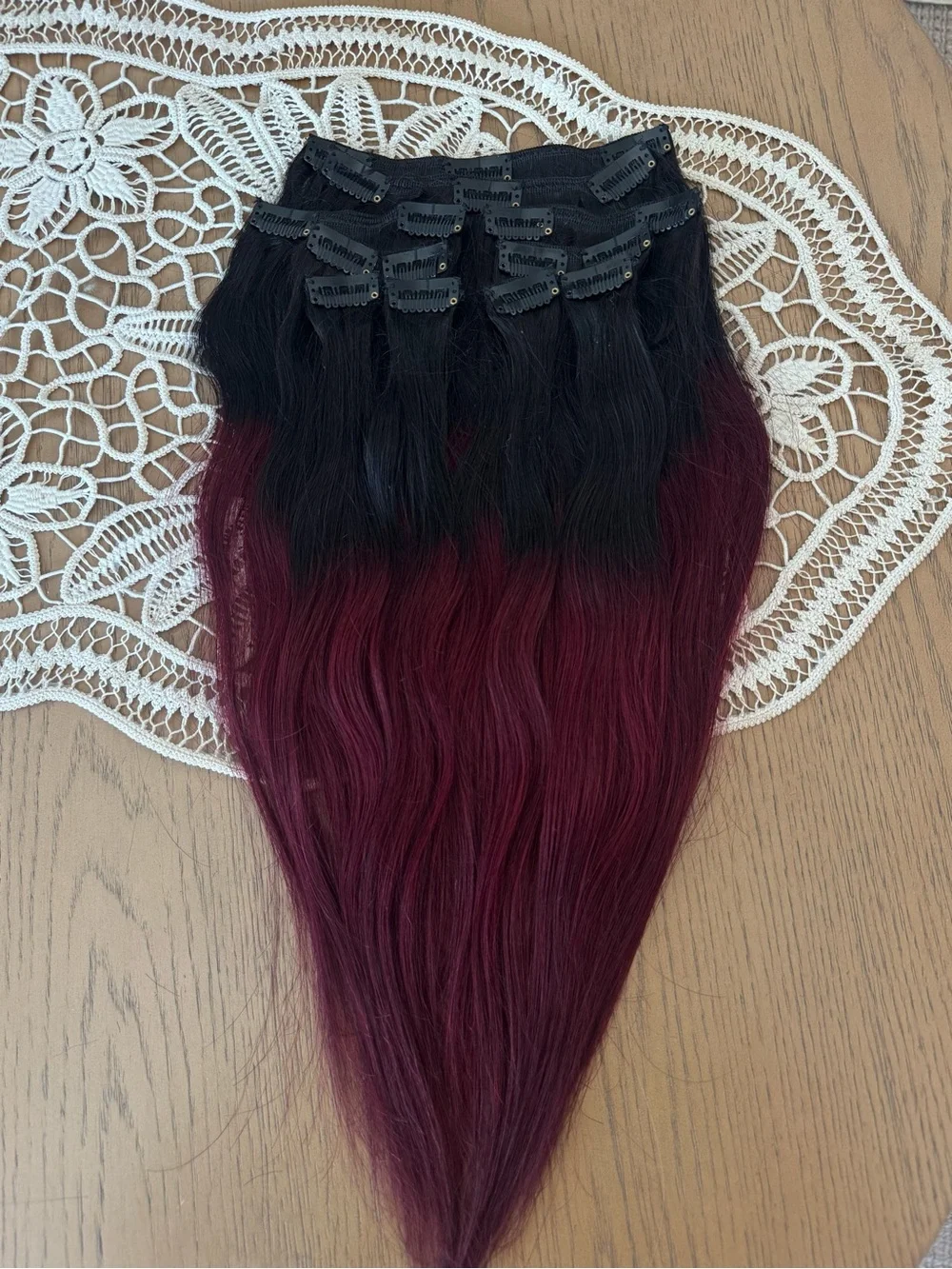 100% Human Hair Clip-In Extensions Black to Burgundy Ombre | Straight